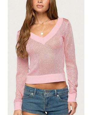 Edikted Acey Sequin Shiny Knit V Neck Top - Pink
