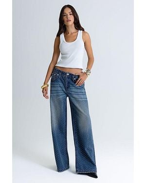 Miss Me Madonna Rhinestone Baggy Wide Leg Jeans - Blue