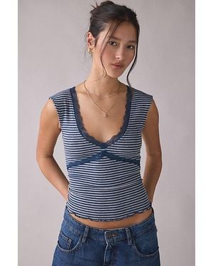 Out From Under Diana Plunging Lace Trim Cap Sleeve Top - Blue