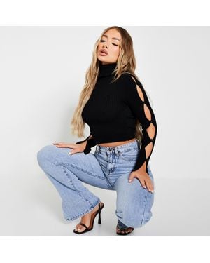 I Saw It First Isawitfirst Roll Neck Button Up Sleeve Knit Crop Top - Black