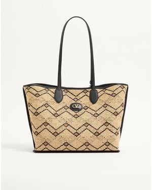 Valentino Garavani Bolso De Compras Mediano De Rafia Con Patrón Geométrico Mujer - Neutro