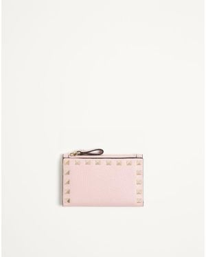 Valentino Garavani Rockstud Grainy Calfskin Cardholder With Zip - Pink
