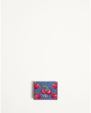 Valentino Garavani Vlogo Signature Denim Wallet With Cherryfic Embroidery - White