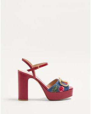 Valentino Garavani Vlogo Signature Platform Denim Sandal With Cherryfic Embroidery 115Mm - Pink