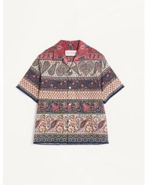 Valentino Camisa De Bowling De Muselina De Algodón Con Estampado Voyage Imaginaire Y Ribetes De Pasamanería Hombre - Rosa