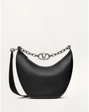 Valentino Garavani Vlogo Moon Medium Grainy Calfskin Hobo Bag With Chain - Black