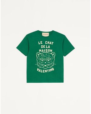 Valentino Cotton T-Shirt With Le Chat De La Maison Print - Green