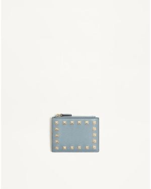 Valentino Garavani Rockstud Grainy Calfskin Cardholder With Zip - Blue