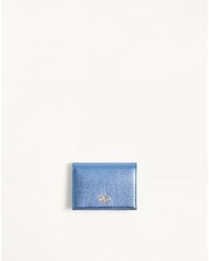 Valentino Garavani Portefeuille Vlogo Signature En Cuir De Veau Grainé Femme - Bleu