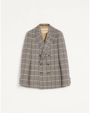 Valentino Double-Breasted Wool Jacket With Check Pattern - Grey
