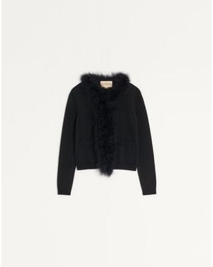 Valentino Wool Cardigan With Feathers - Black