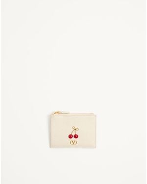 Valentino Garavani Cherryfic Grainy Calfskin Cardholder - Natural