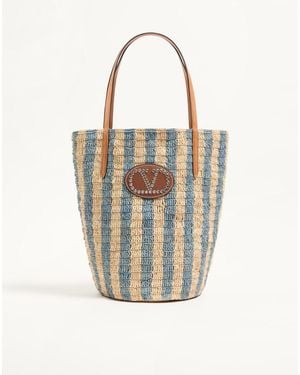 Valentino Garavani Striped Raffia Shopping Bag - White