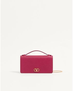 Valentino Garavani Vlogo Signature Grainy Calfskin Wallet With Chain - Pink