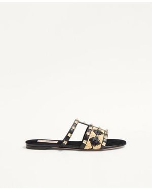 Valentino Garavani Rockstud Slide Sandal With Raffia Check Embroidery - White