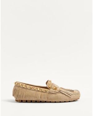 Valentino Garavani Plaster Caster Driver Loafer In Crust Leather With Fringes - Natural