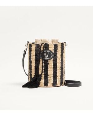 Valentino Garavani Kleine Bucket Bag Aus Gestreiftem Raffiabast Frau - Weiß