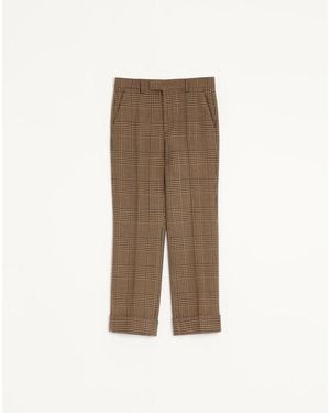 Valentino Wool Trousers With Glen Plaid Pattern And Turn-Ups - Natural