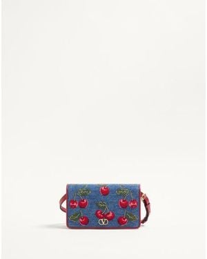 Valentino Garavani Minibolso De Hombro Vlogo Signature De Mezclilla Con Bordado Cherryfic Mujer - Blanco