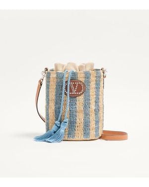 Valentino Garavani Kleine Bucket Bag Aus Gestreiftem Raffiabast Frau - Blau
