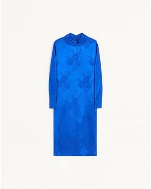 Valentino Vestido Midi De Jacquard Flowerism Sunflowers Mate Brilloso Mujer - Azul