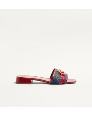 Valentino Garavani Vlogo Signature Denim Slide Sandal With Cherryfic Embroidery 20Mm - Pink