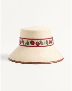 Valentino Garavani Cherryfic Straw Bucket Hat With Leather Trim And Cherryfic Ribbon - Natural