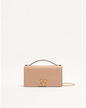 Valentino Garavani Vlogo Signature Grainy Calfskin Wallet With Chain - Natural