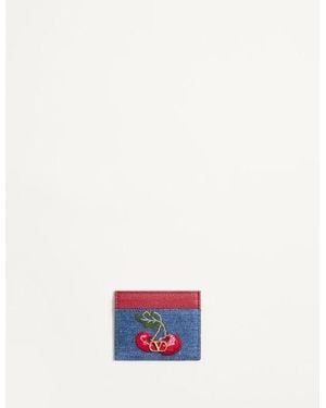 Valentino Garavani Vlogo Signature Denim Cardholder With Cherryfic Embroidery - White