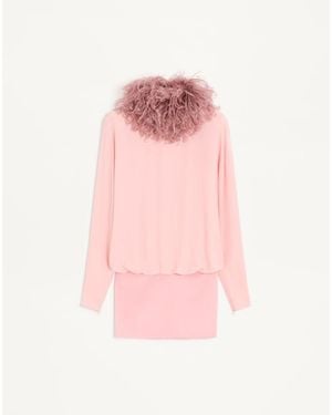Valentino Short Georgette Dress With Feathers - Pink