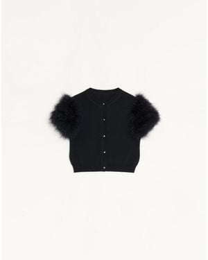 Valentino Cardigan En Laine Orné De Plumes Femme - Noir