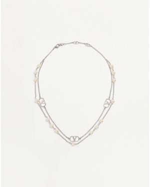 Valentino Garavani Vlogo Signature Metal Necklace With Swarovski Pearls - Natural
