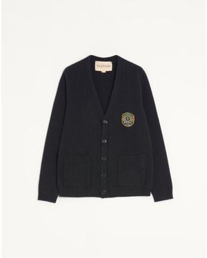 Valentino Wool Cardigan With Embroidered Patch - Blue