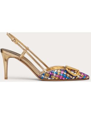Valentino Garavani Décolleté Slingback Vlogo Signature In Nappa Laminata Intrecciata 80mm - Neutro