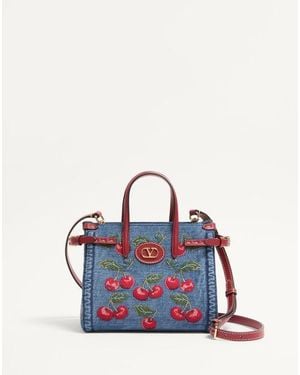 Valentino Garavani Antibes Small Denim Shopping Bag With Cherryfic Embroidery - Blue