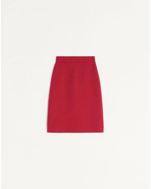Valentino Plain Wool Tweed Midi Skirt - Red