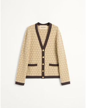 Valentino Wool Cardigan With Toute La V Pattern - Natural