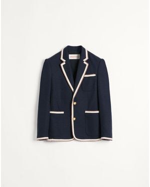 Valentino Single-Breasted Jersey Cotton Jacket With Torchon Piping - Blue