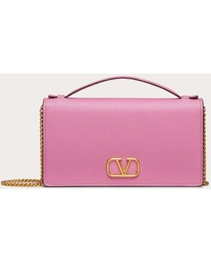 Valentino Garavani Vlogo Signature Grainy Calfskin Wallet With Chain - Pink