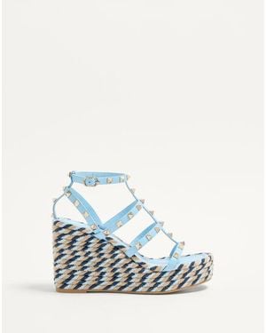 Valentino Garavani Rockstud Calfskin Wedge Sandal With Straps 95Mm - Blue