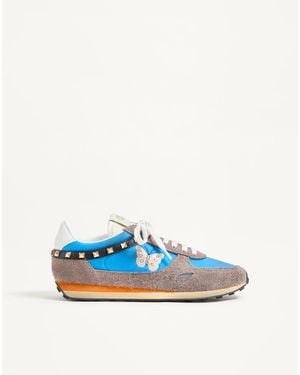 Valentino Garavani Stud Up Sneaker Aus Spaltleder Und Nylon Mit Schmetterlingsstickerei Mann - Blau