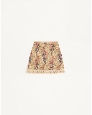 Valentino Embroidered Short Skirt On Piquet With Paisley Voyage Imaginaire Print 38 - Natural