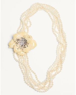 Valentino Garavani Fleur Lumineuse Necklace In Metal, Enamel, Pearls And Fabric - Natural