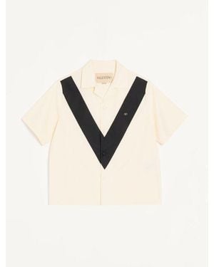 Valentino Cotton Poplin Bowling Shirt With Inlaid V And Vlogo Patch - Natural