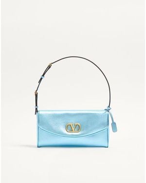 Valentino Garavani Petit Sac Porté Épaule Devain En Cuir Nappa Lamé Femme Bleu D'Azur