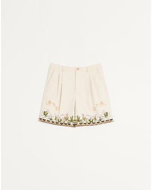 Valentino Cotton Canvas Bermuda Shorts With Floral Embroidery And Jacquard Trimmings - Natural