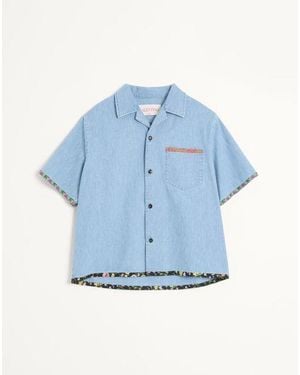 Valentino Bowling Shirt With Floral Print Trim - Blue