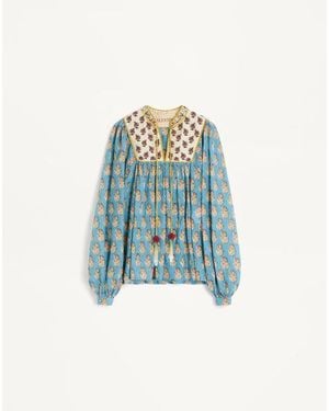 Valentino Top En Coton Et Lurex À Imprimé Petales D'Amour Brodé Femme - Bleu