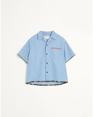 Valentino Bowling Shirt With Floral Print Trim - Blue