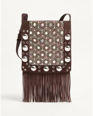 Valentino Garavani Nellcôte Embroidered Shoulder Bag With Fringes - Brown